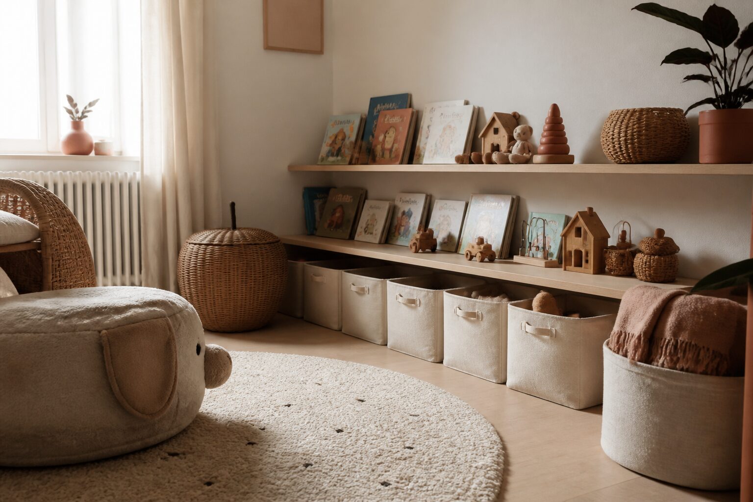 Rangements à hauteur d'enfant dans une chambre enfant avec étagères murales et tapis rond
