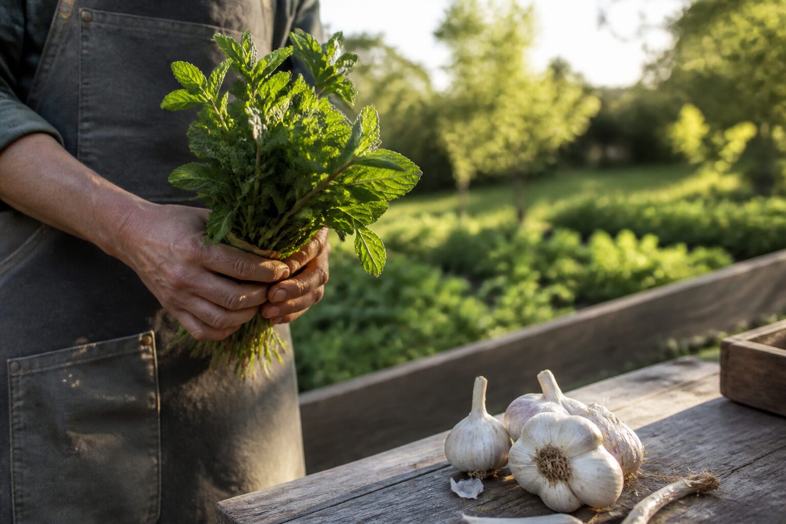 Menthe fraîche et ail sur une table de jardin en bois, remèdes naturels contre les punaises