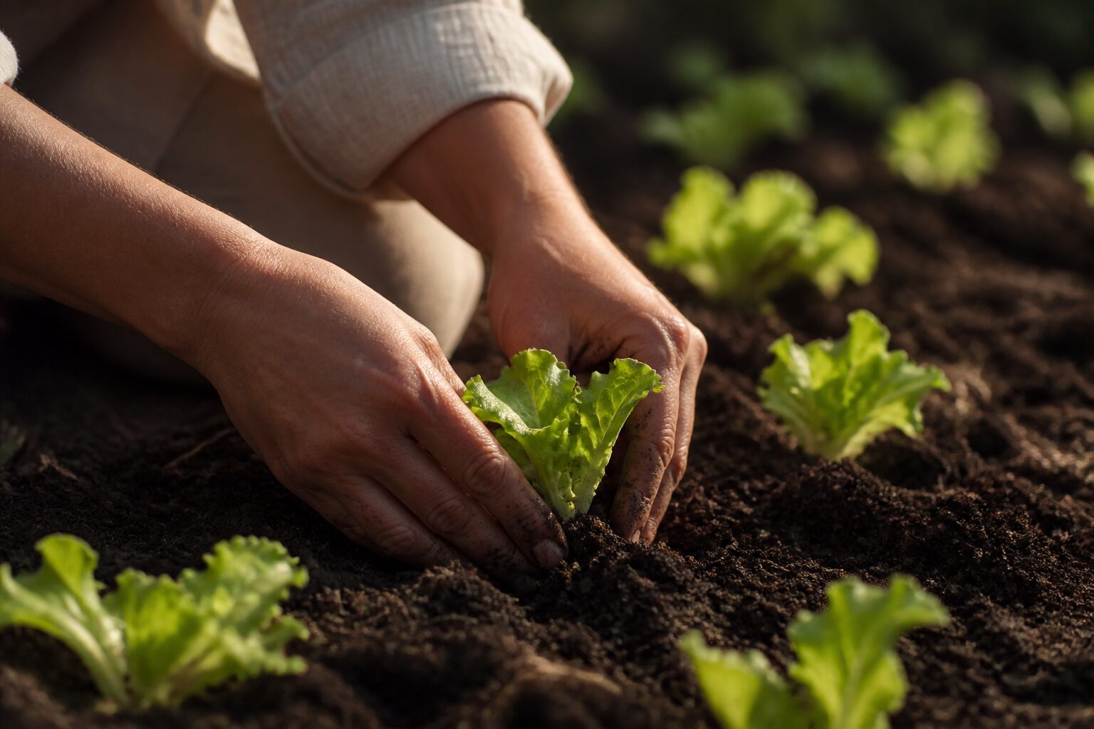 Mains d'une jardinière qui repique de jeunes plants de salade dans la terre, lumière de fin d'après-midi, palette naturelle terre et vert, plan rapproché