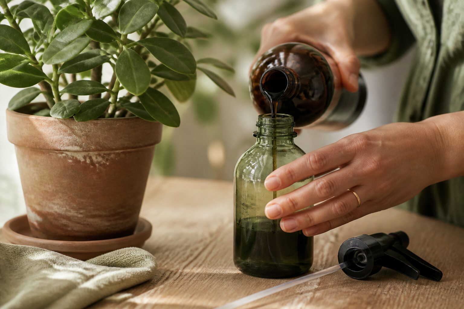 Remède naturel contre les moucherons de terreau : savon noir et vaporisateur