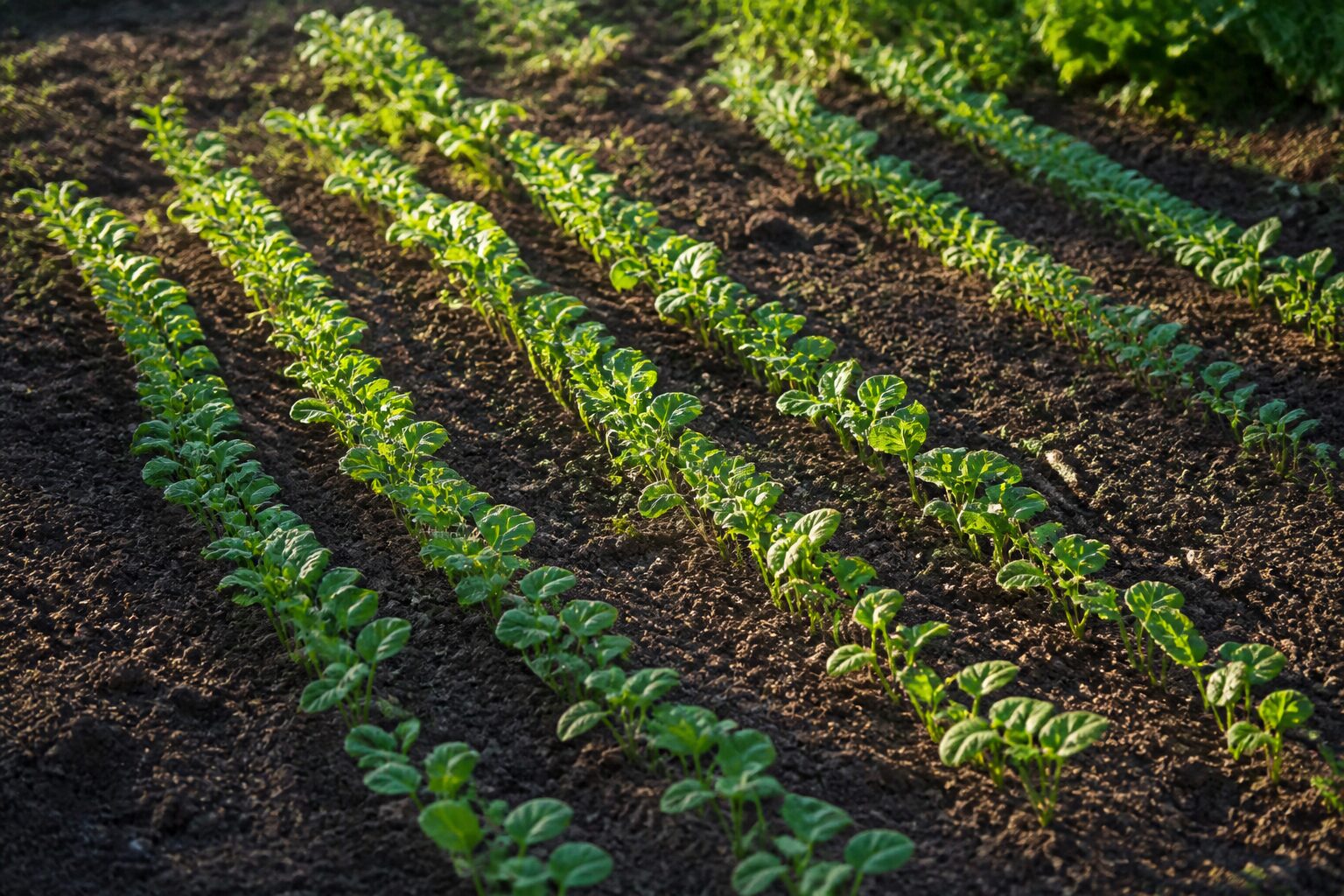 Rangées de semis haricots verts en pleine terre dans un potager ensoleillé, technique en ligne