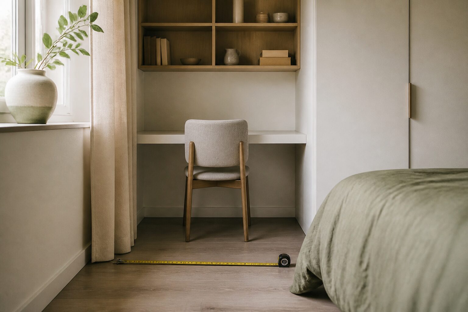 Bureau intégré dans un coin de chambre avec rangements muraux, lumière naturelle fenêtre latérale, tons neutres bois lin