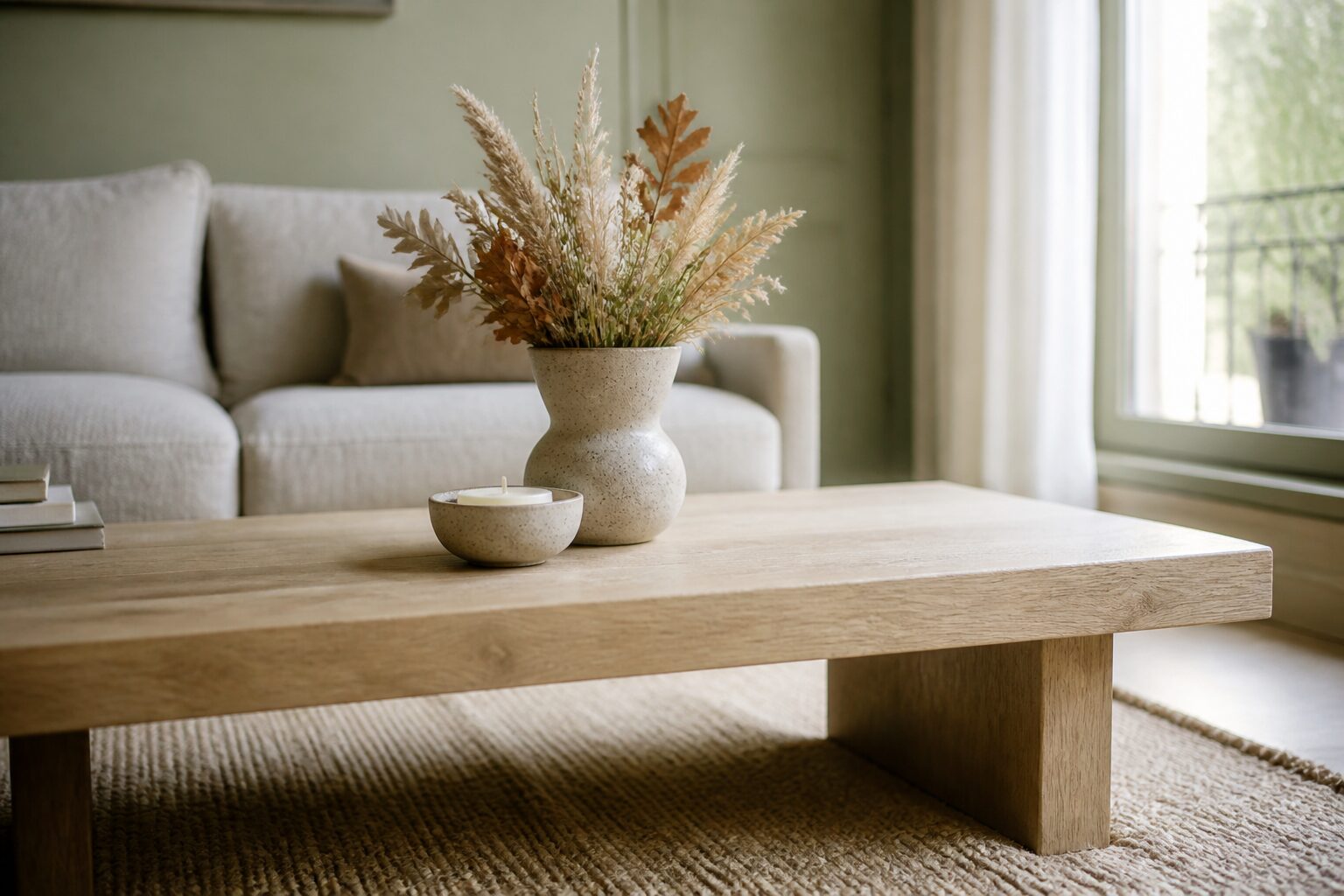 Table basse en chêne massif Tikamoon dans un salon parisien lumineux