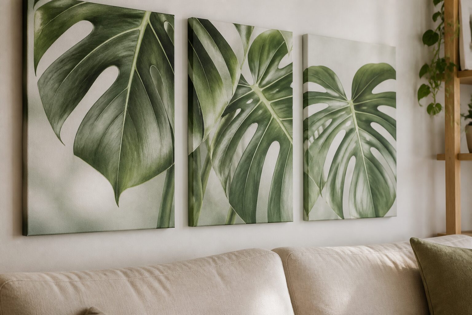 Triptyque botanique accroché au-dessus d'un canapé beige