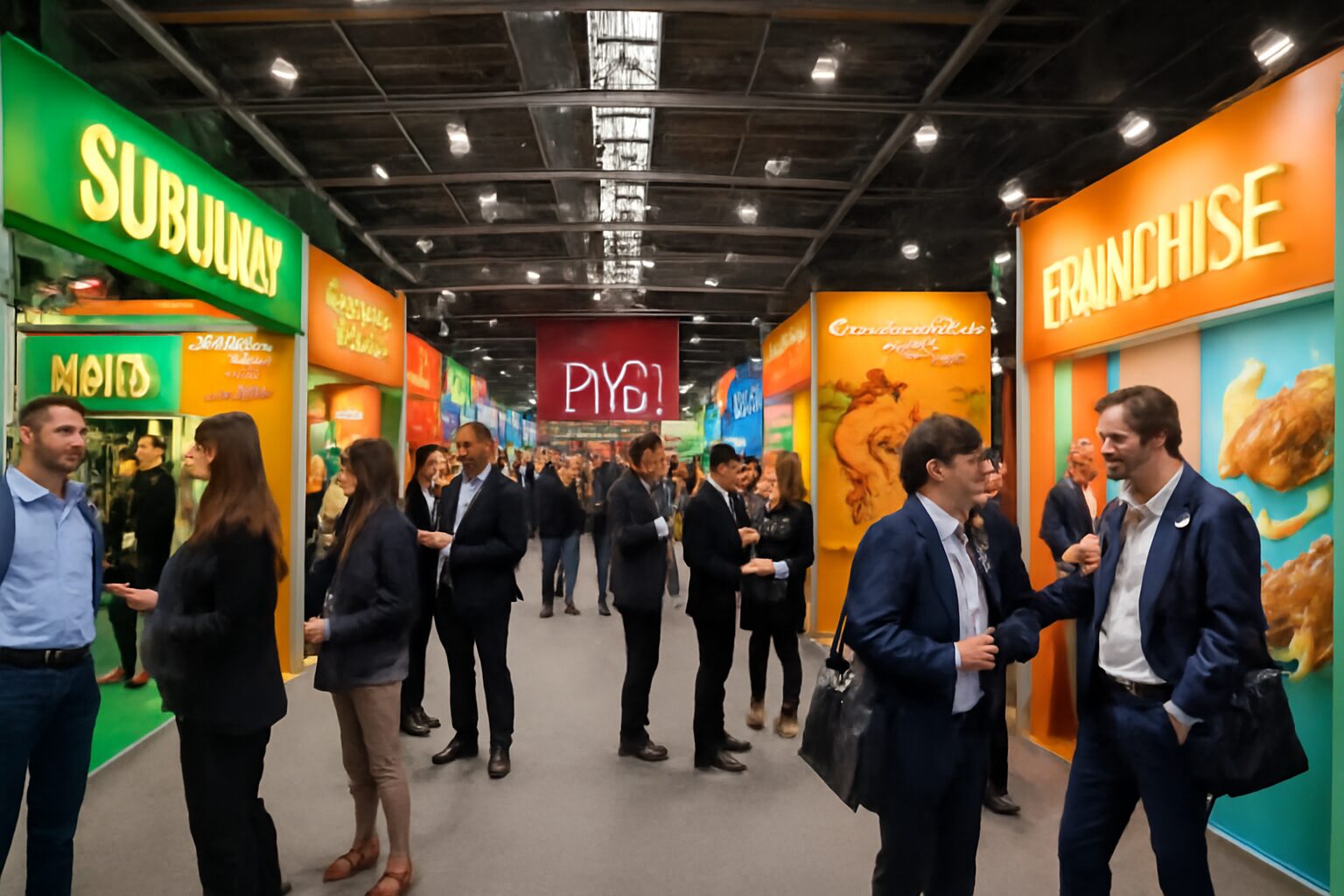 Intérieur animé d'un salon de franchise avec exposants dans différents stands colorés, visiteurs en discussion devant des panneaux de marques, lumière naturelle, ambiance professionnelle
