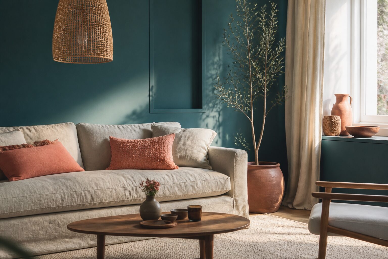 Salon avec mur bleu canard, canapé lin et accent corail en décoration intérieure