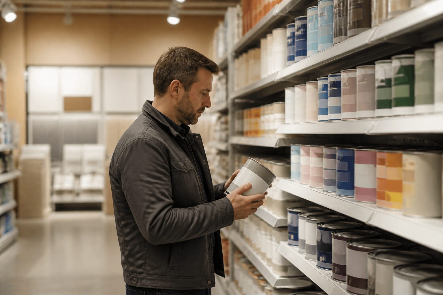 Rayon peinture et décoration d'un grand magasin de bricolage français, produits bien organisés, lumière chaude et naturelle, tons neutres