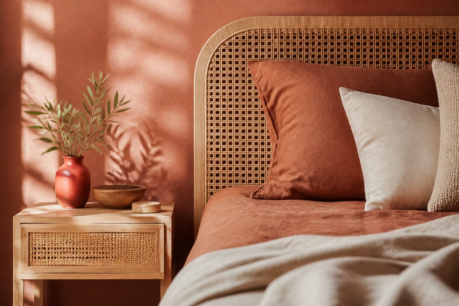 Détail d'une chambre terracotta avec tête de lit en rotin naturel et plaid en lin sur fond chaud