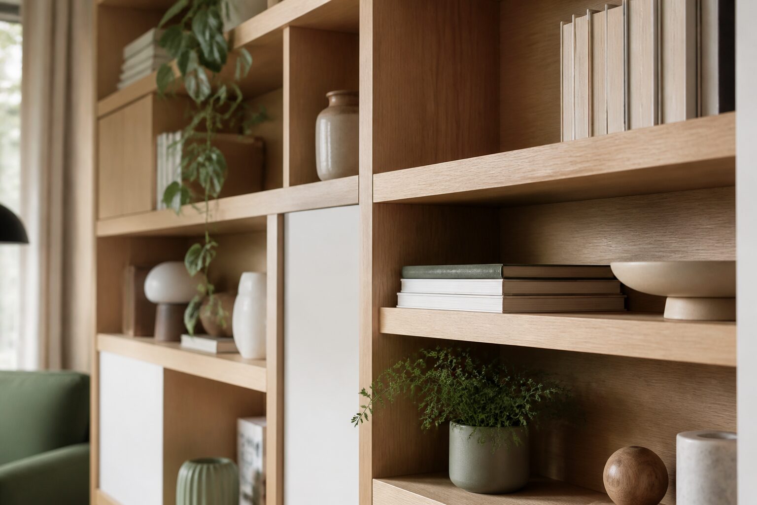 Intérieur salon avec meubles multifonctions, rangements en bois naturel et lumière naturelle
