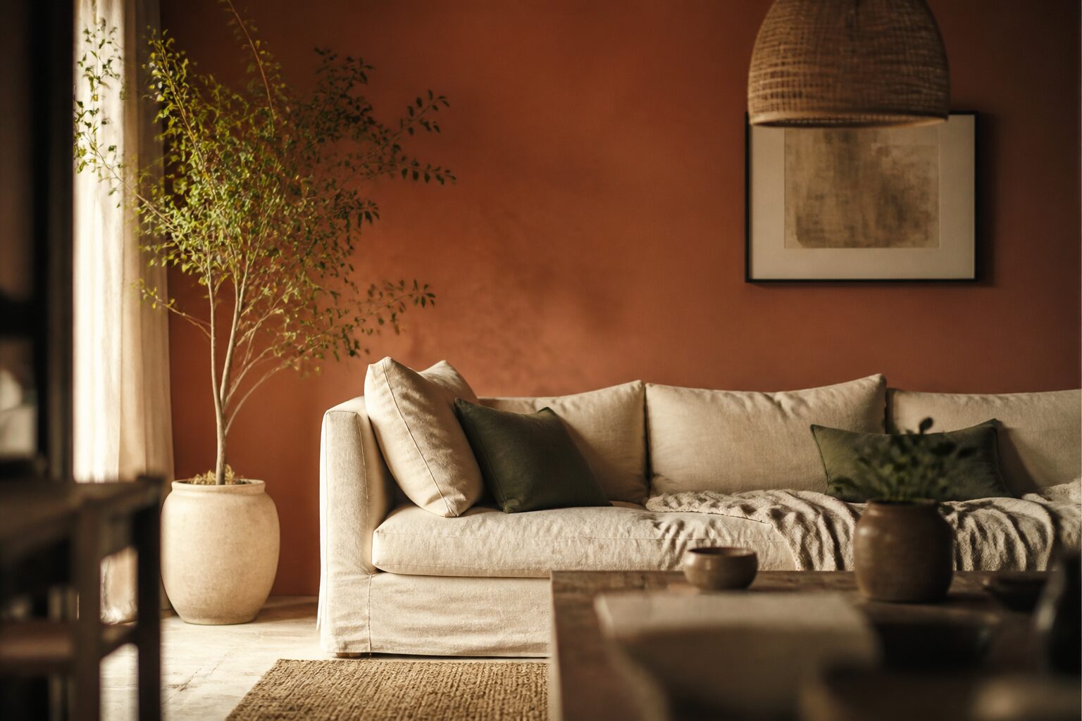Intérieur avec mur d'accent fauve terracotta et canapé beige lin