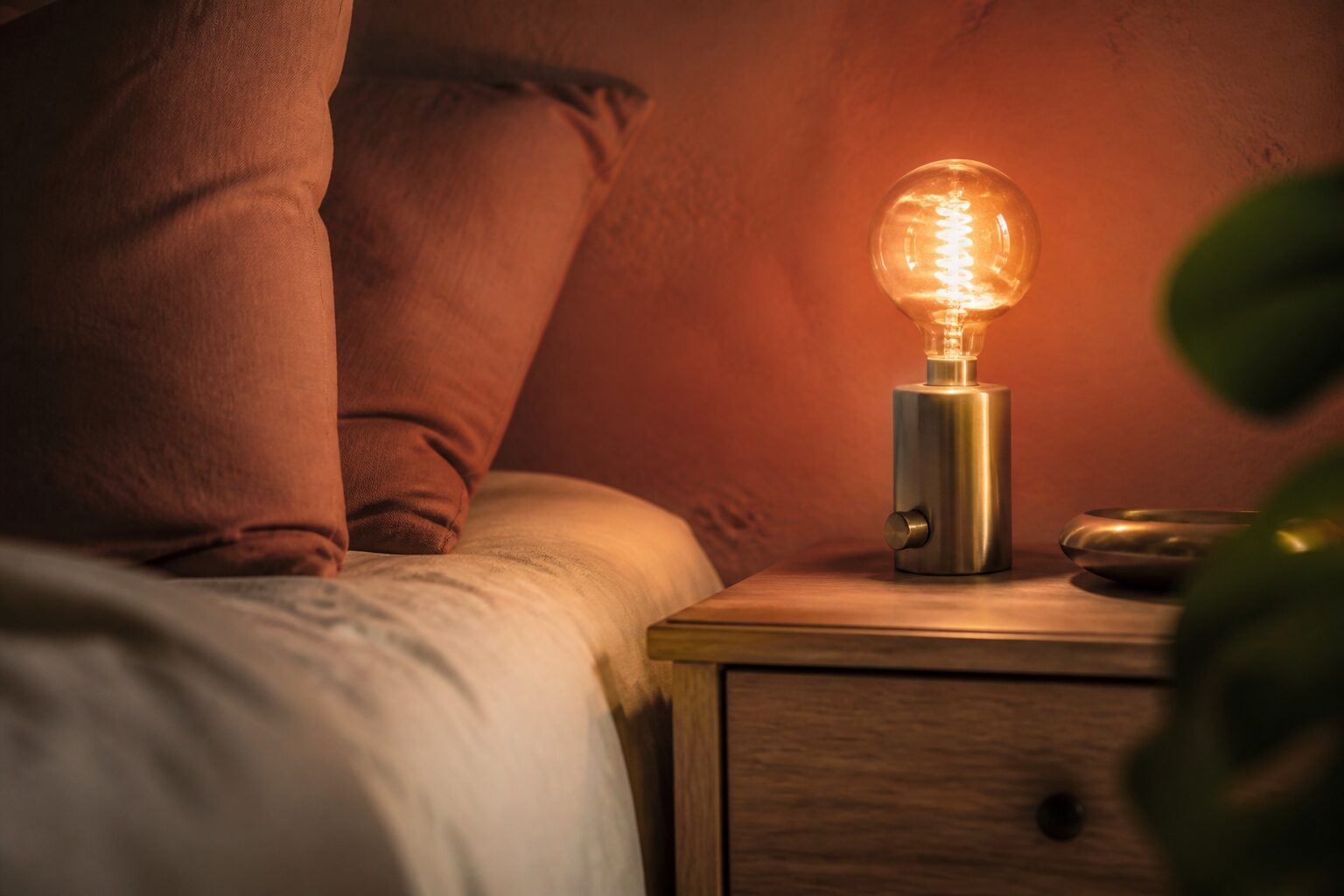 Ambiance lumineuse chaleureuse dans une chambre terracotta, éclairage doux ampoule filament sur mur brique