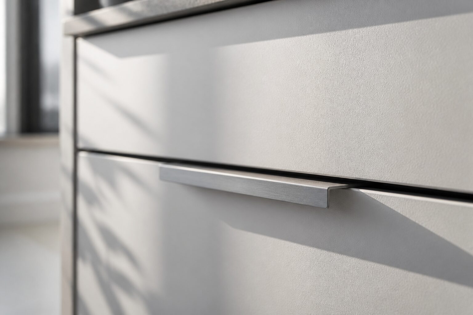 Détail de façades de cuisine SoCoo'c en stratifié blanc avec poignées minimalistes dans une cuisine lumineuse
