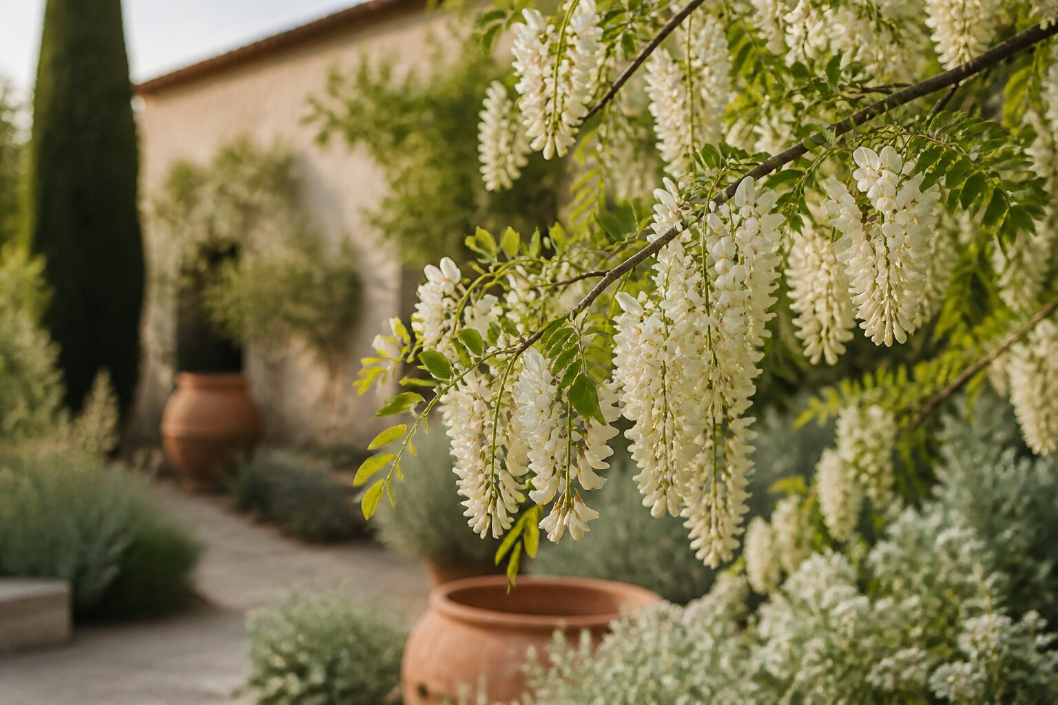 Branche de robinier en fleurs dans un jardin ensoleillé