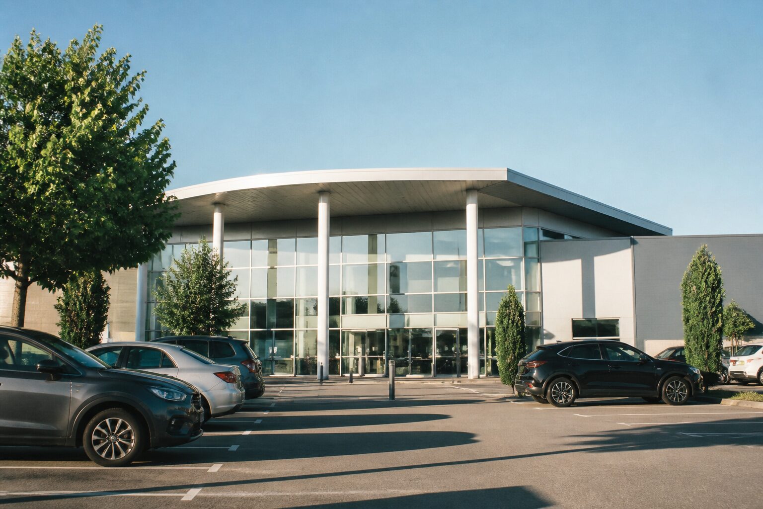 Façade du Centre Commercial Saint André avec enseigne Carrefour, parking au premier plan, journée ensoleillée