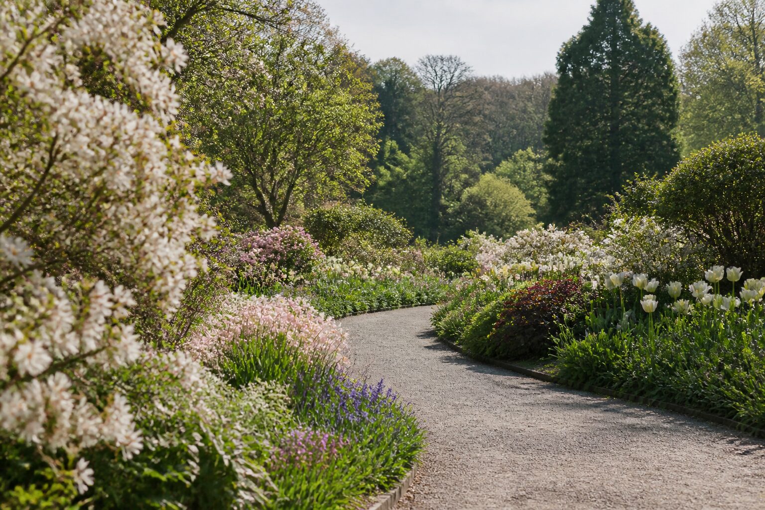 Jardin botanique de l'Arquebuse à Dijon, allées fleuries au printemps