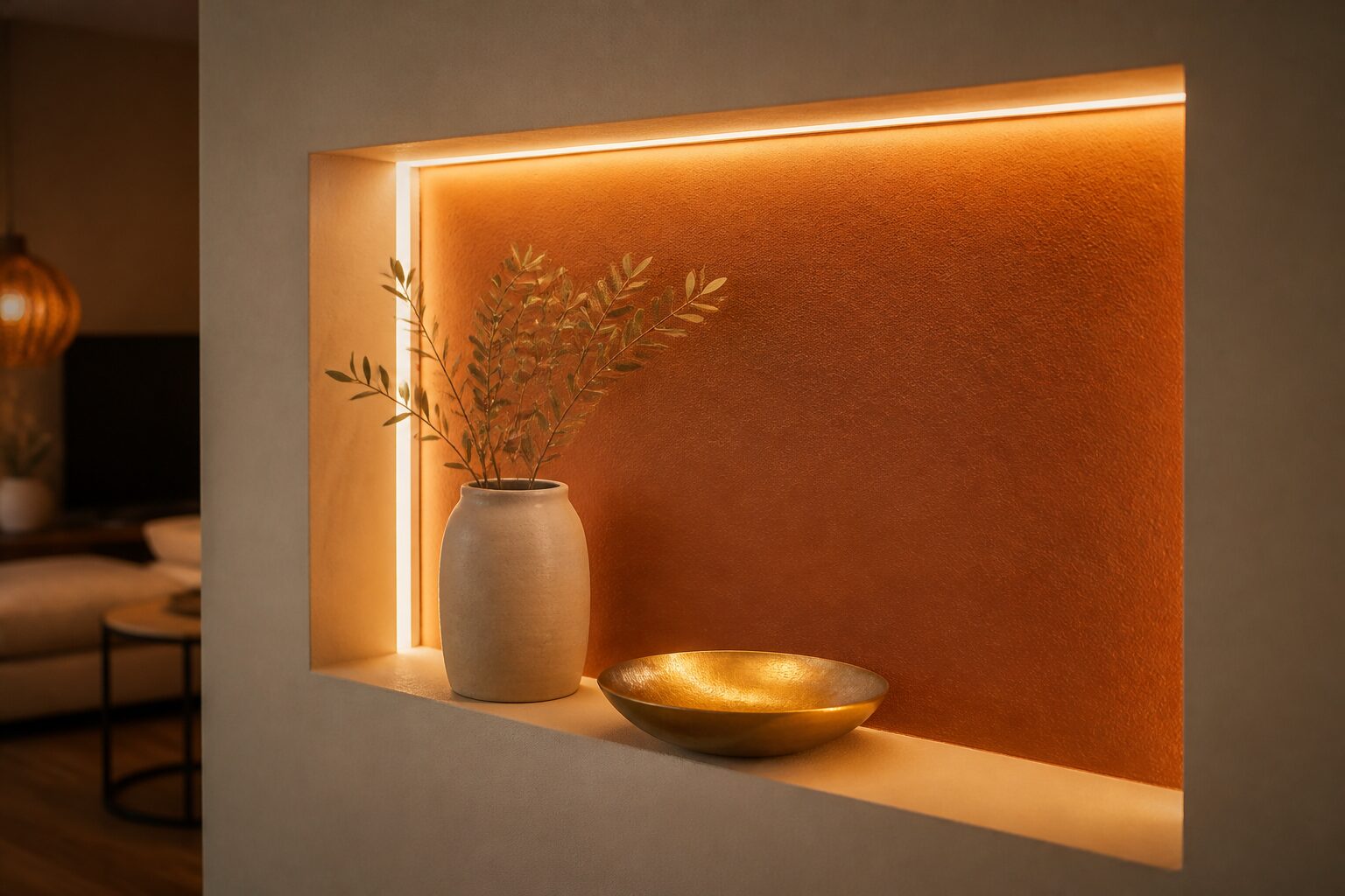 Niche murale couloir creusée dans une cloison en placo, fond vert sombre éclairé LED, petits objets déco posés