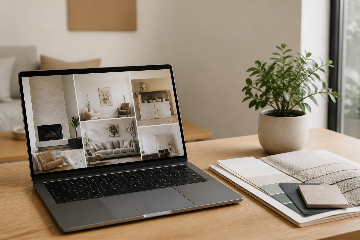 Ordinateur portable affichant un magazine en ligne déco et immobilier, posé sur un bureau en bois clair avec des échantillons de matières