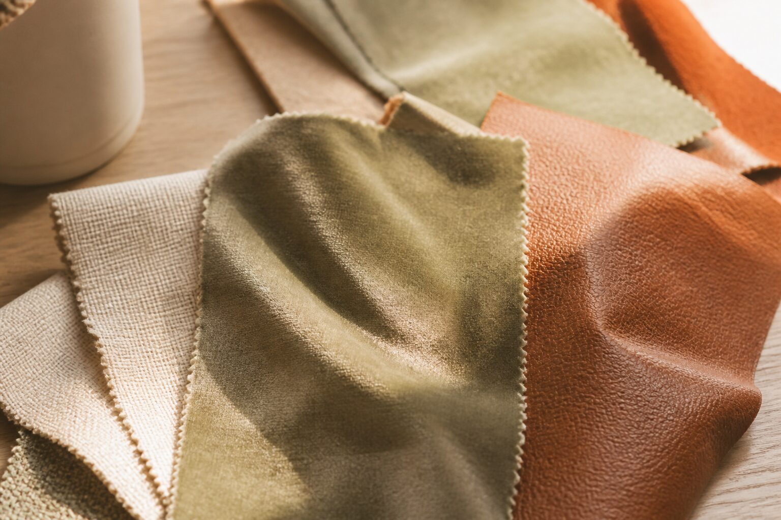 Gros plan sur des échantillons de tissu en lin beige et velours vert sur une table bois, lumière latérale douce