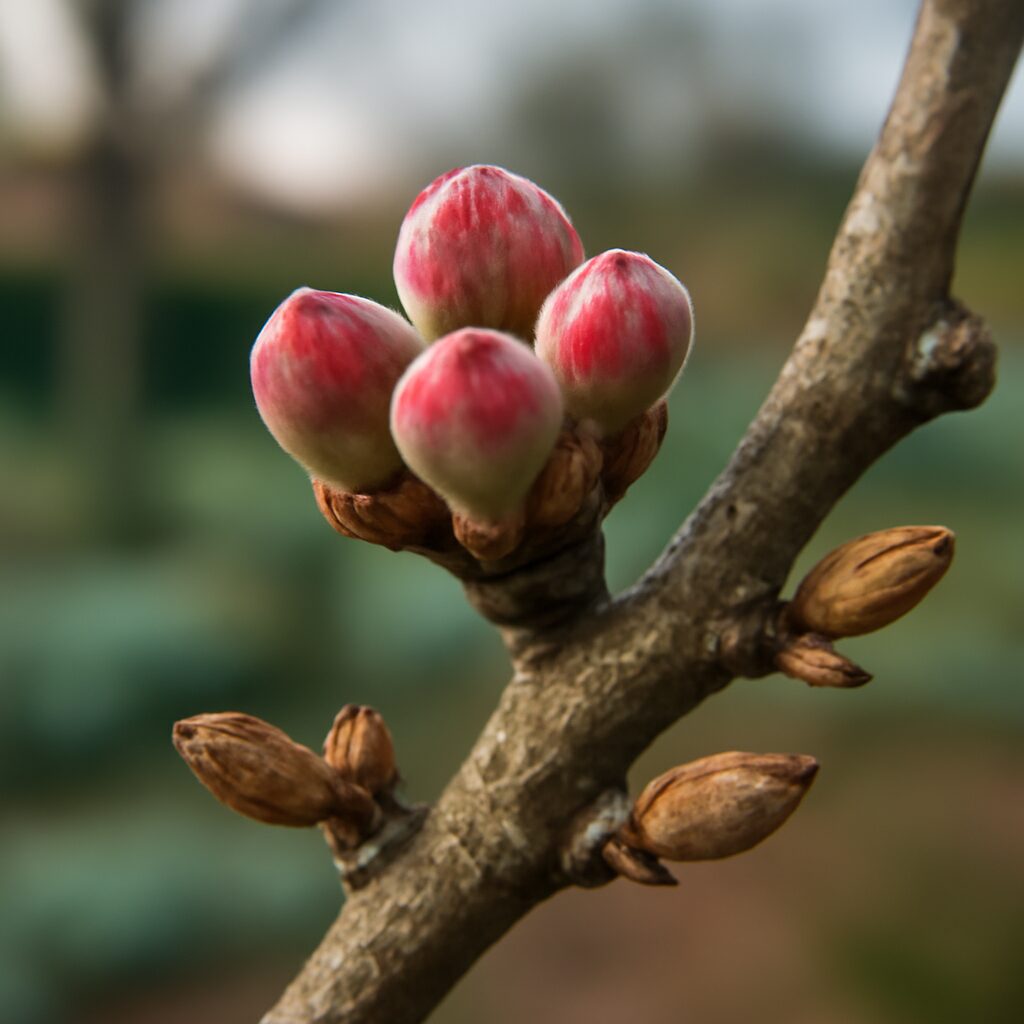 Bourgeons à fleurs ronds et gonflés sur une branche de pommier en fin d'hiver