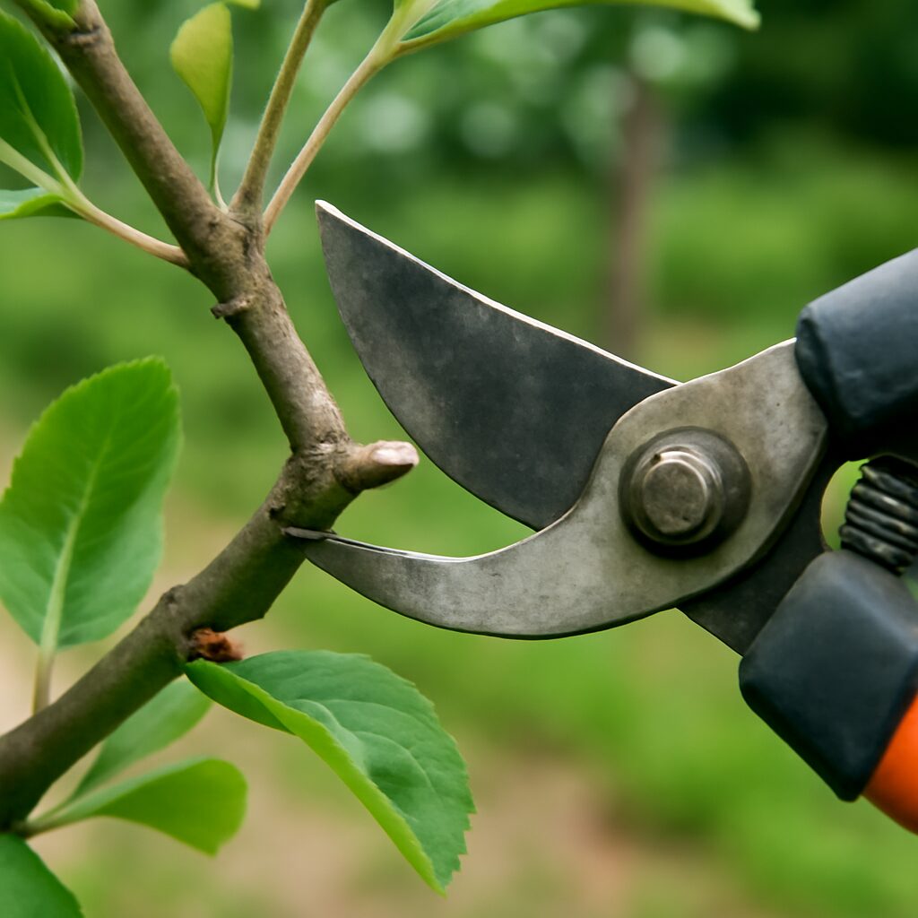 Coupe au sécateur à 45 degrés au-dessus d'un bourgeon de pommier