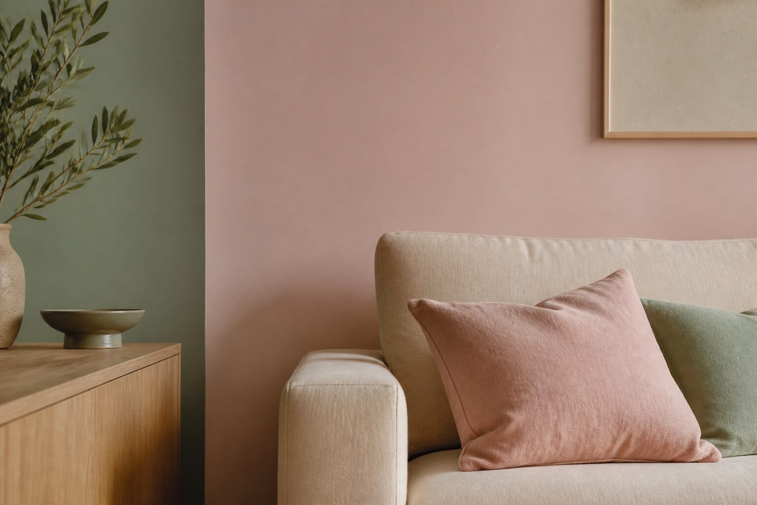 Association rose poudré et vert sauge avec du bois clair dans un salon