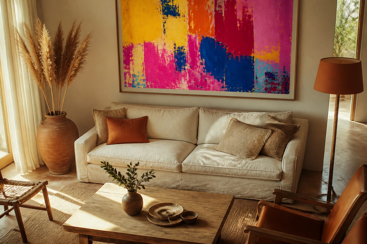 Salon lumineux avec un grand tableau pop art coloré au-dessus du canapé