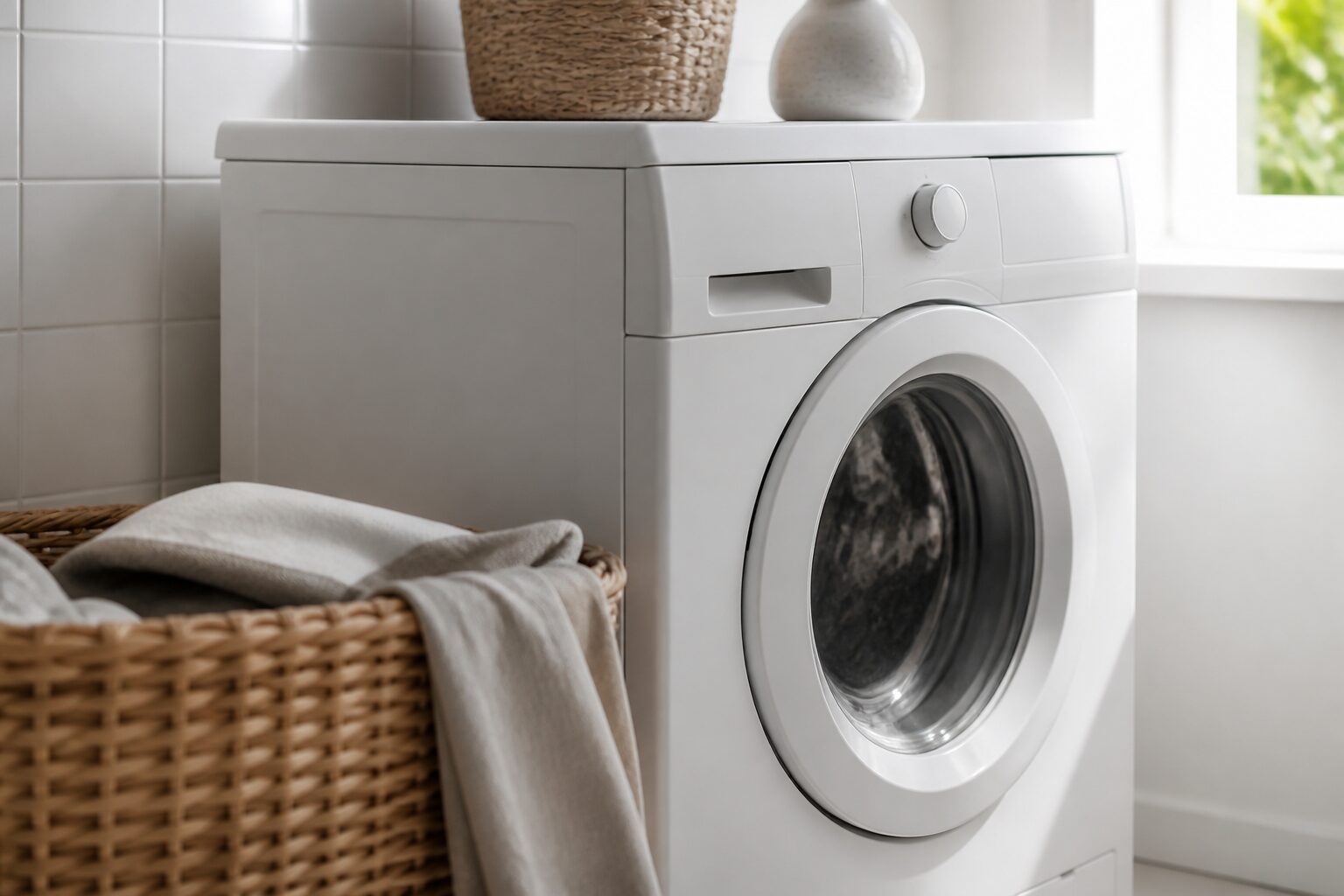 Lave-linge blanc moderne dans une buanderie lumineuse, avis lave-linge Valberg