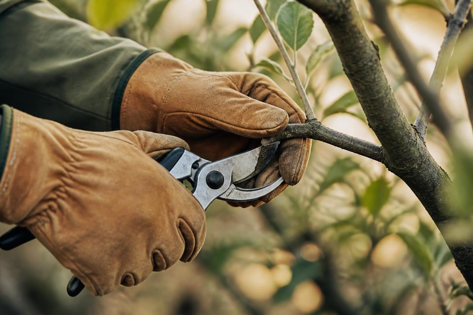 Gros plan sur une coupe de branche au sécateur sur un arbre fruitier