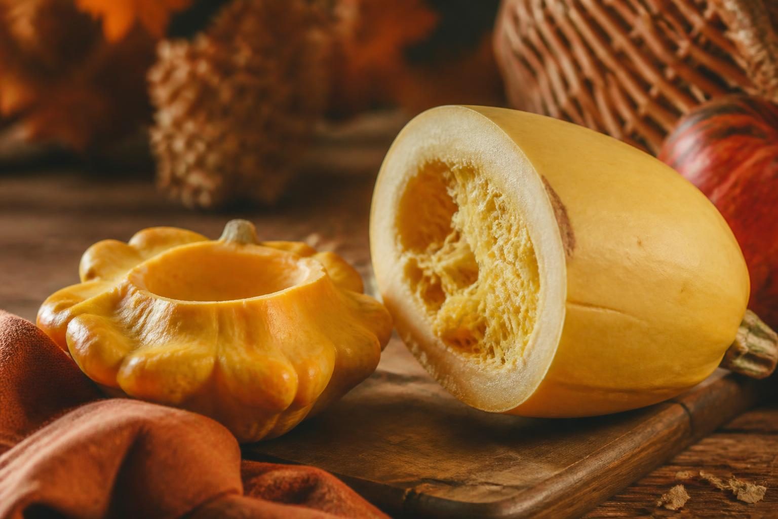 Gros plan sur une courge spaghetti et un patisson entames sur une planche en bois