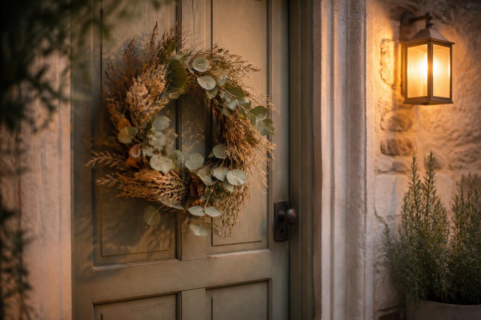 Détail d'une couronne d'automne en feuillage sur une porte d'entrée