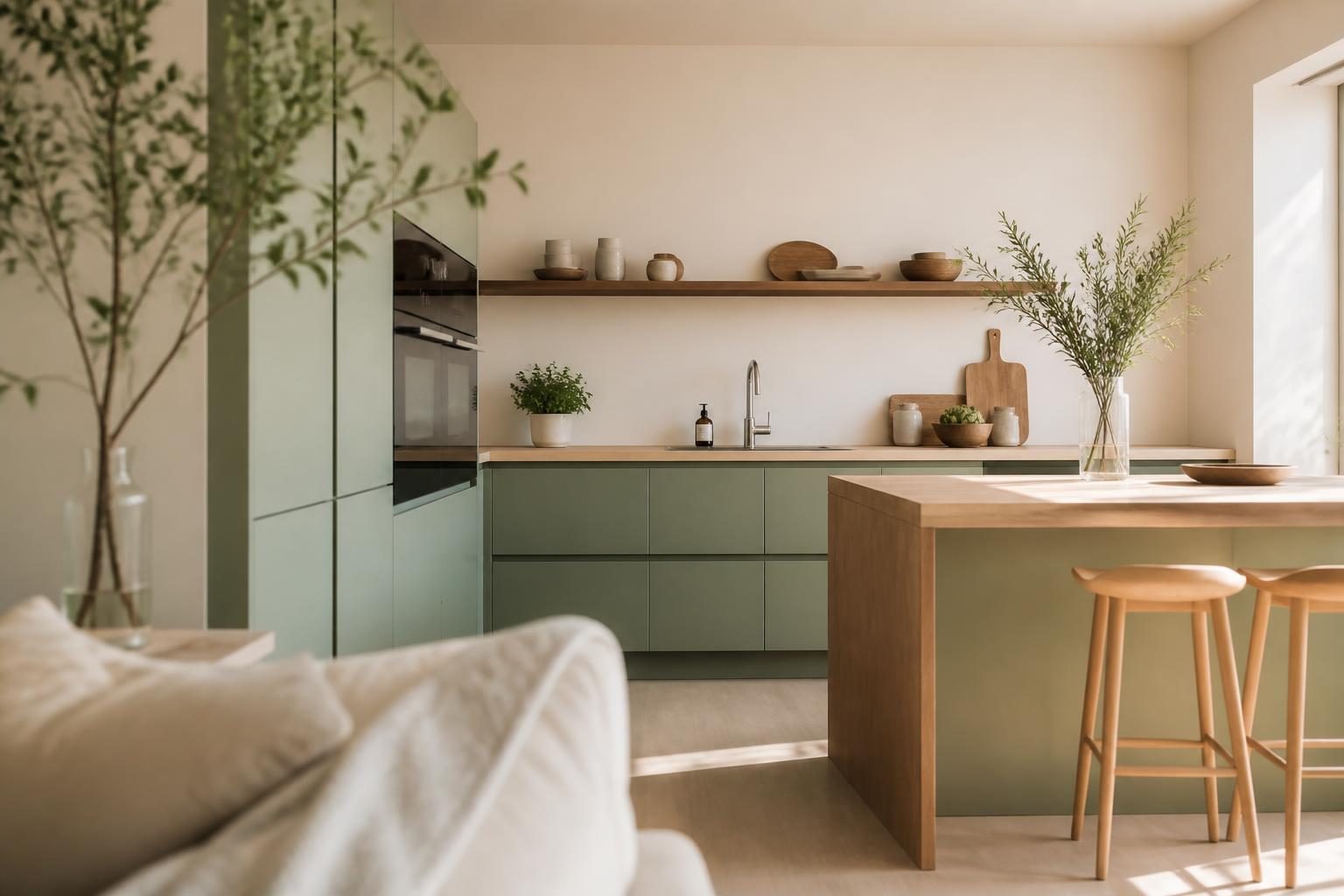 Cuisine verte et bois avec plan de travail en bois clair