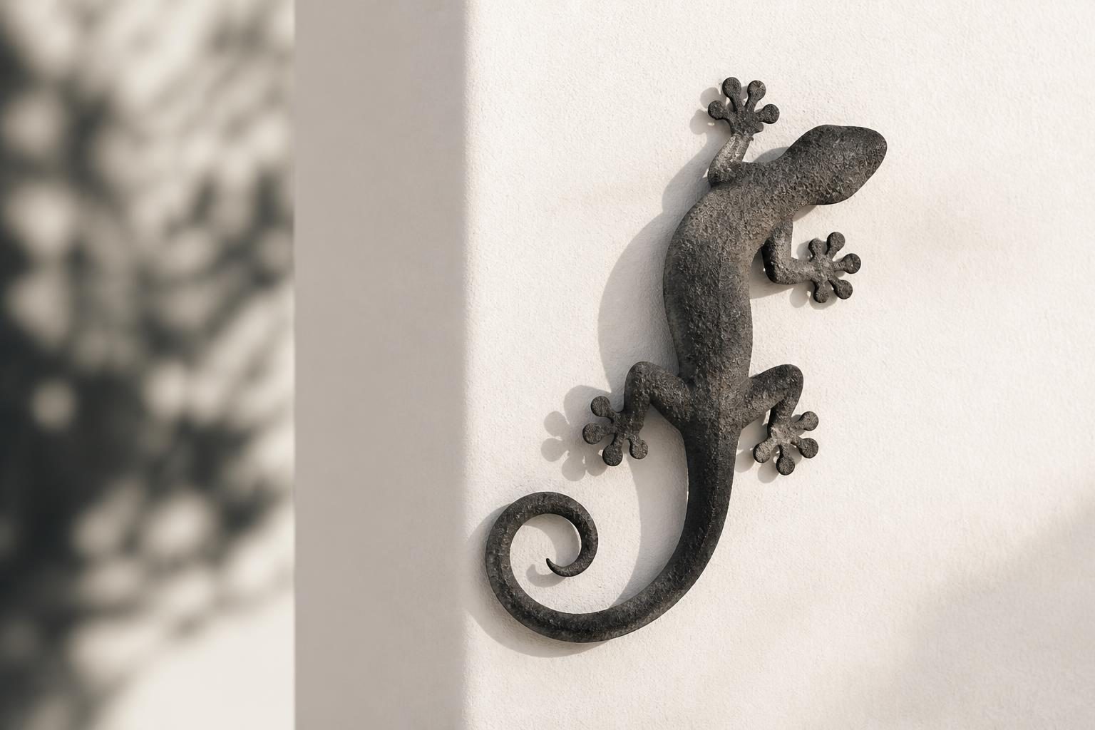Gros plan sur un gecko décoratif en métal fixé au mur