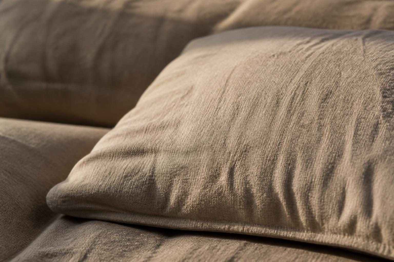 Détail d'un tissu en lin naturel avec coussins couleur lin sur un canapé