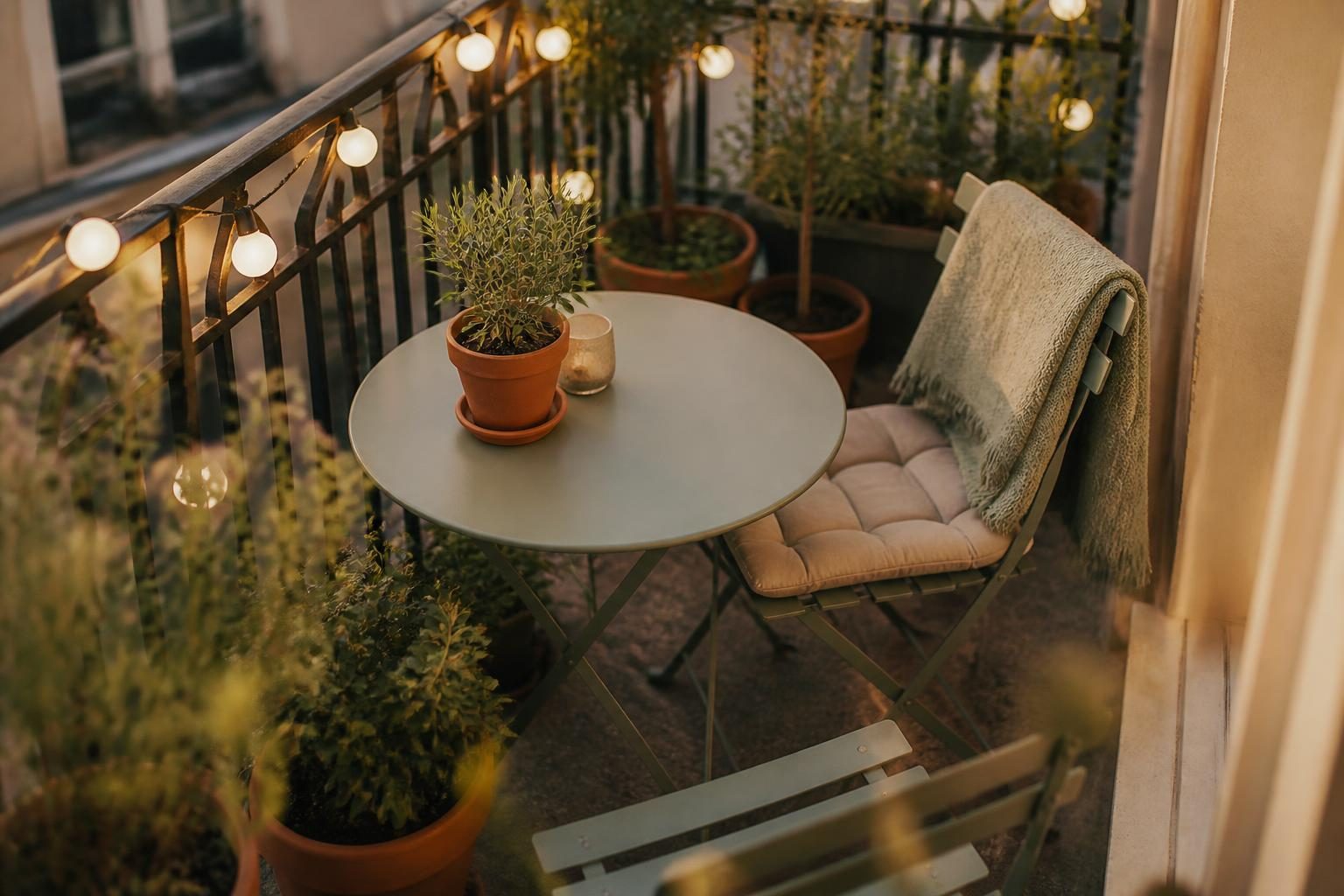 Mobilier léger et plantes sur un petit balcon en ville