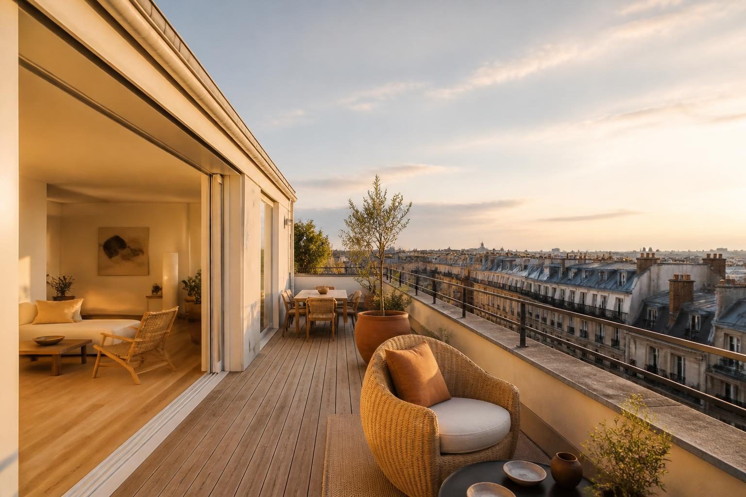 Terrasse d'un penthouse au dernier étage avec vue sur les toits d'une ville