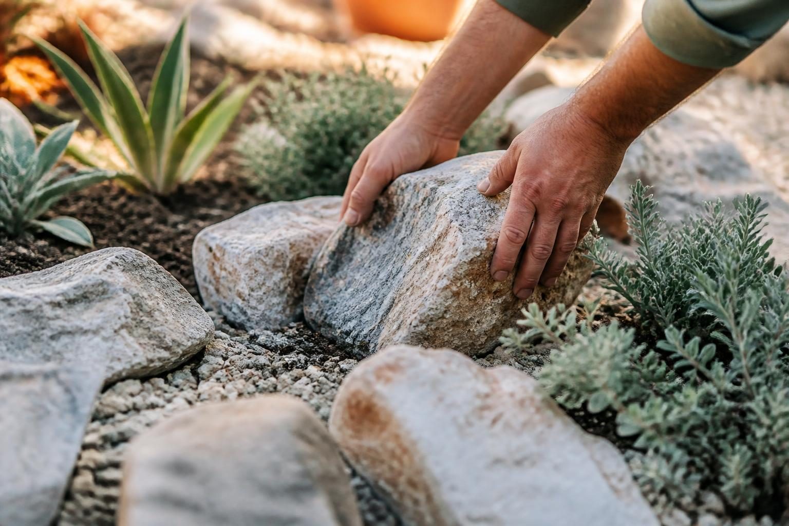 Pierres et plantes disposées dans une rocaille
