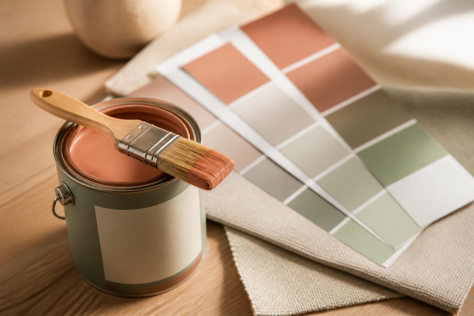Pot de peinture ouvert avec pinceau et nuancier de couleurs sur un plan de travail