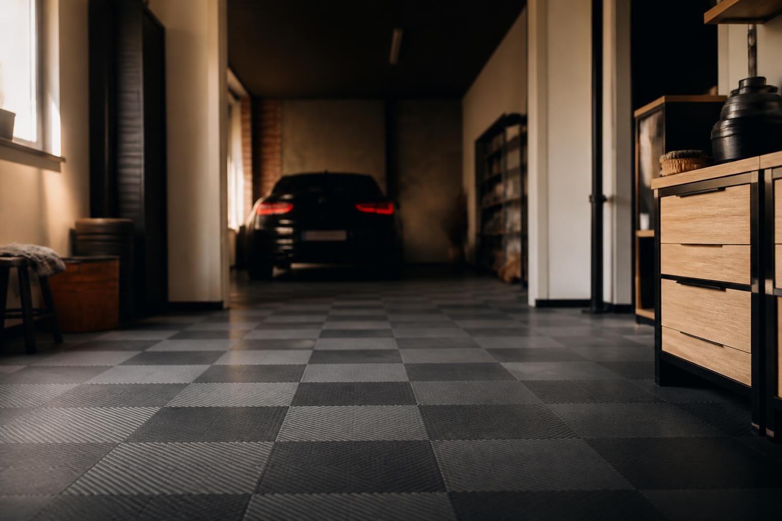 Garage rénové avec un revêtement de sol clipsable gris