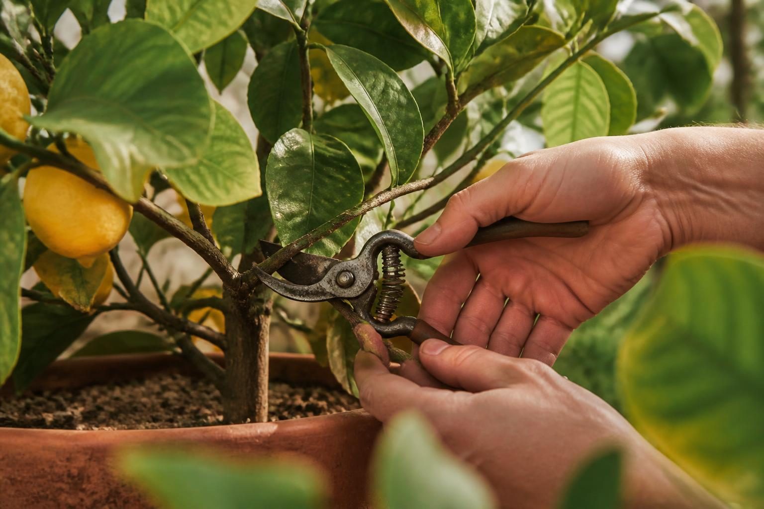 Sécateur désinfecté taillant une branche de citronnier en pot