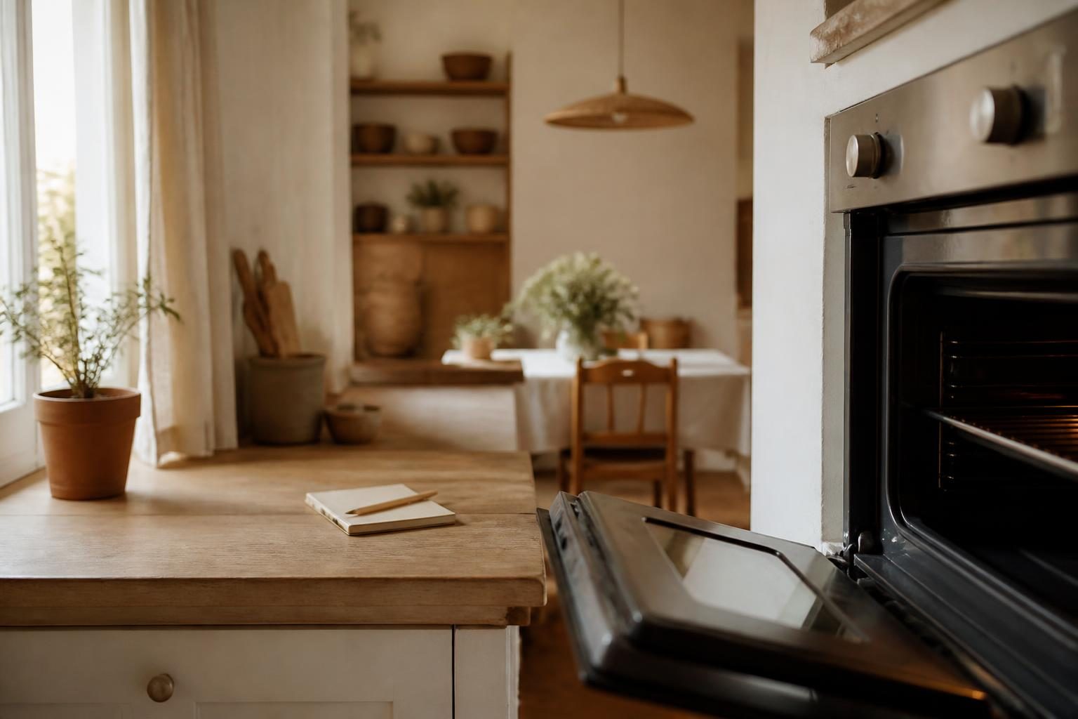 Cuisine lumineuse avec four ouvert et carnet de conversion Fahrenheit Celsius sur le plan de travail