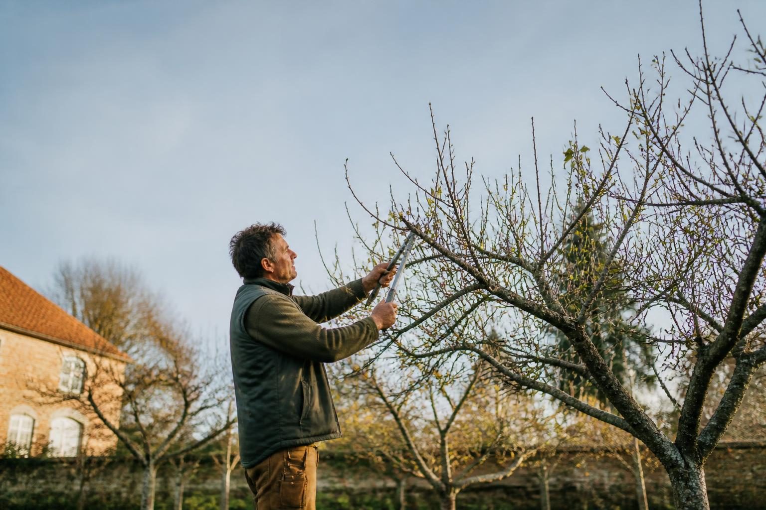 Taille des arbres fruitiers, jardinier taillant un pommier en fin de matinée