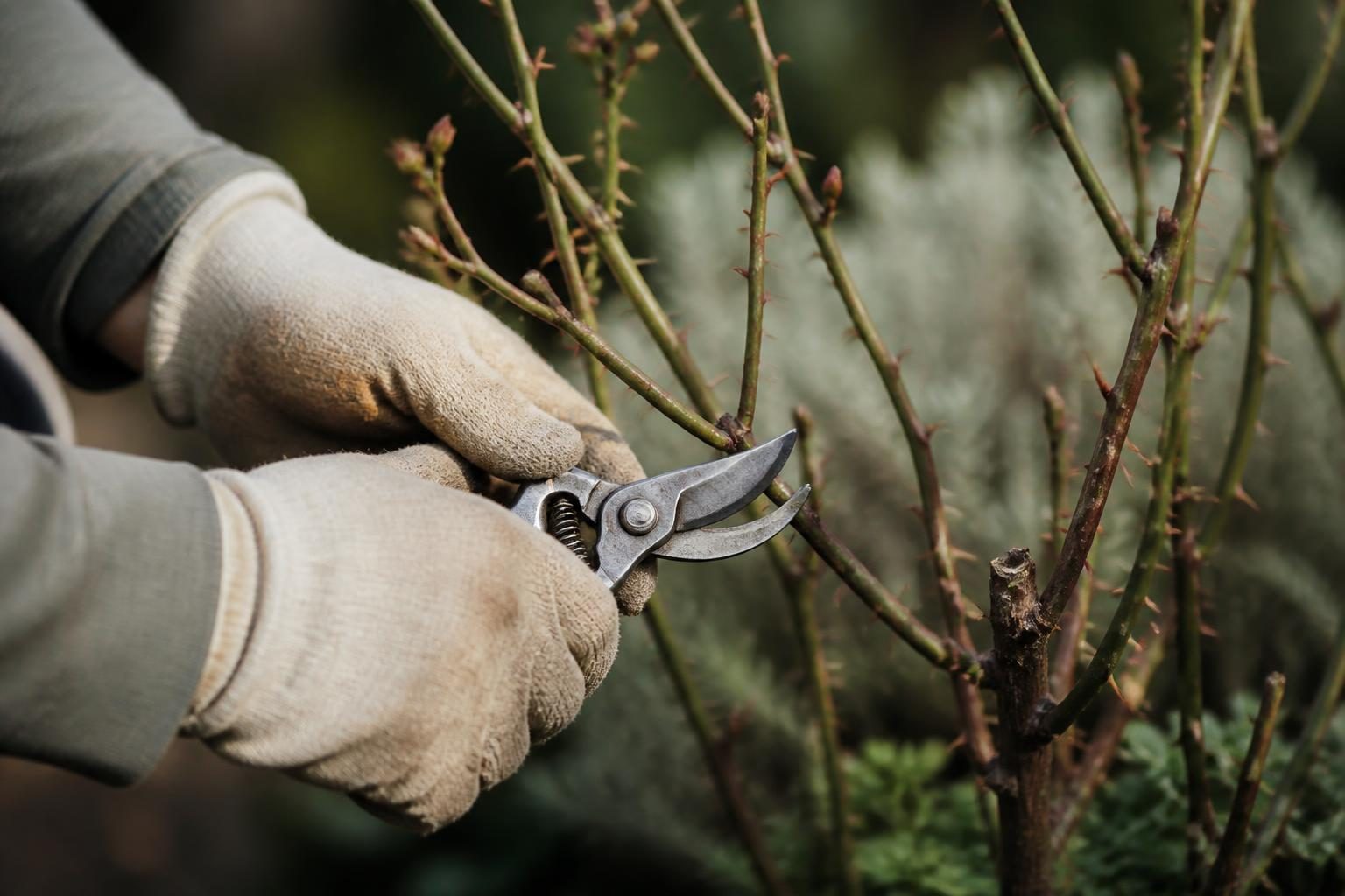 Taille des rosiers au sécateur en fin d'hiver