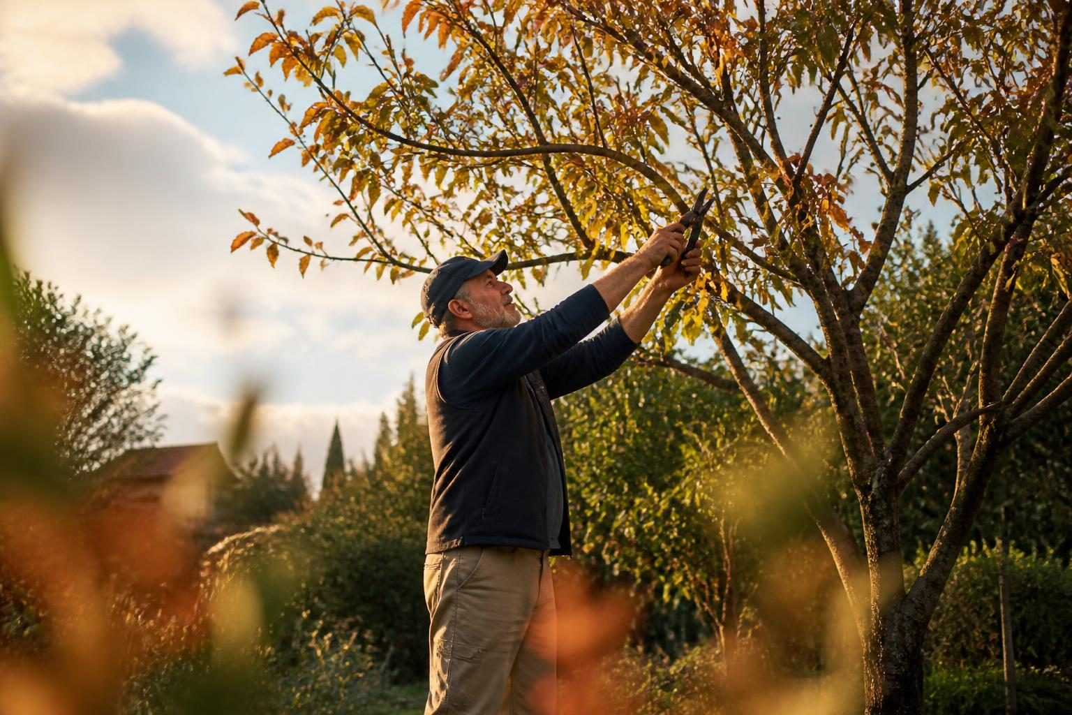 Jardinier taillant les branches hautes d'un cerisier en automne