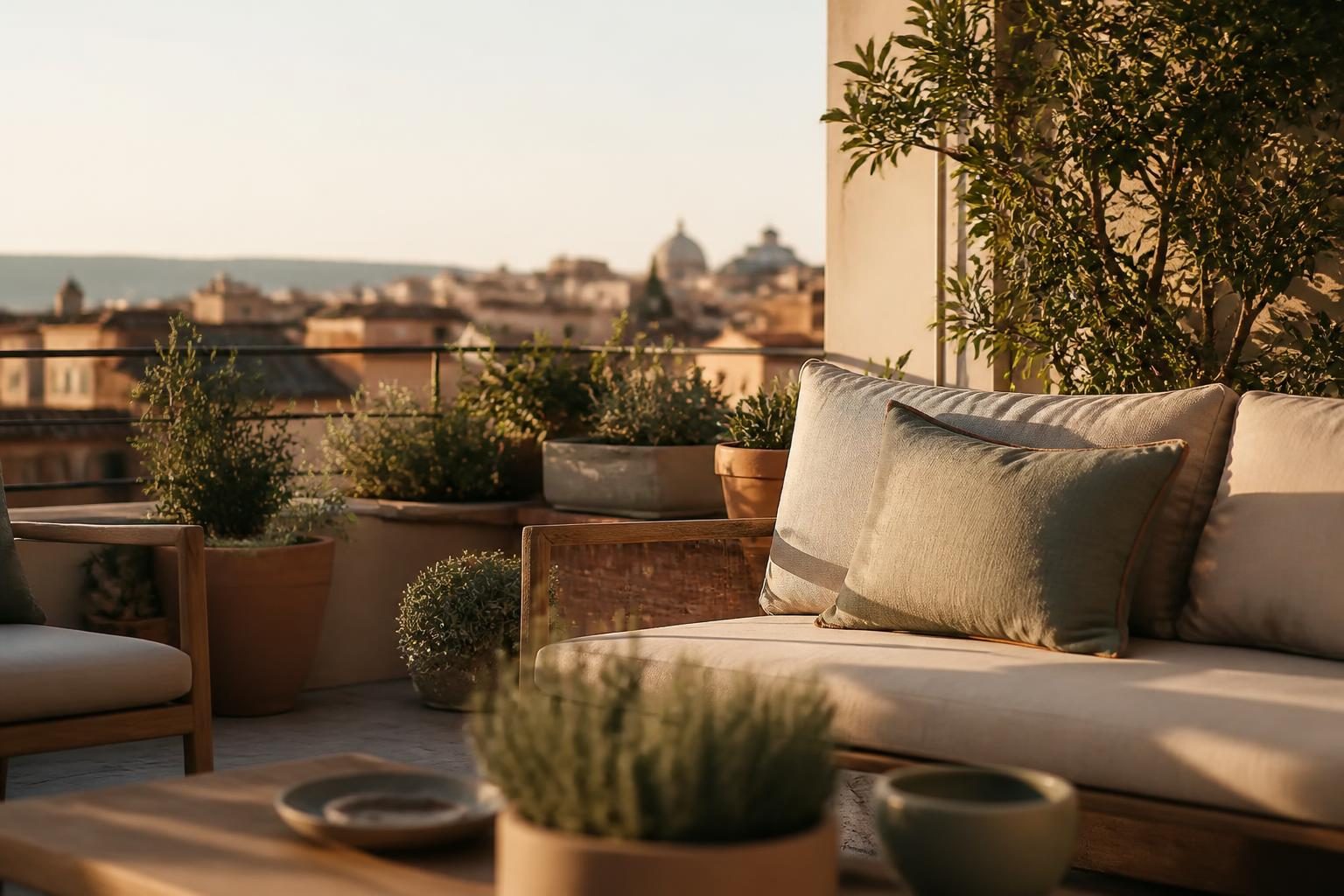 Terrasse d'un penthouse aménagée avec vue sur la ville