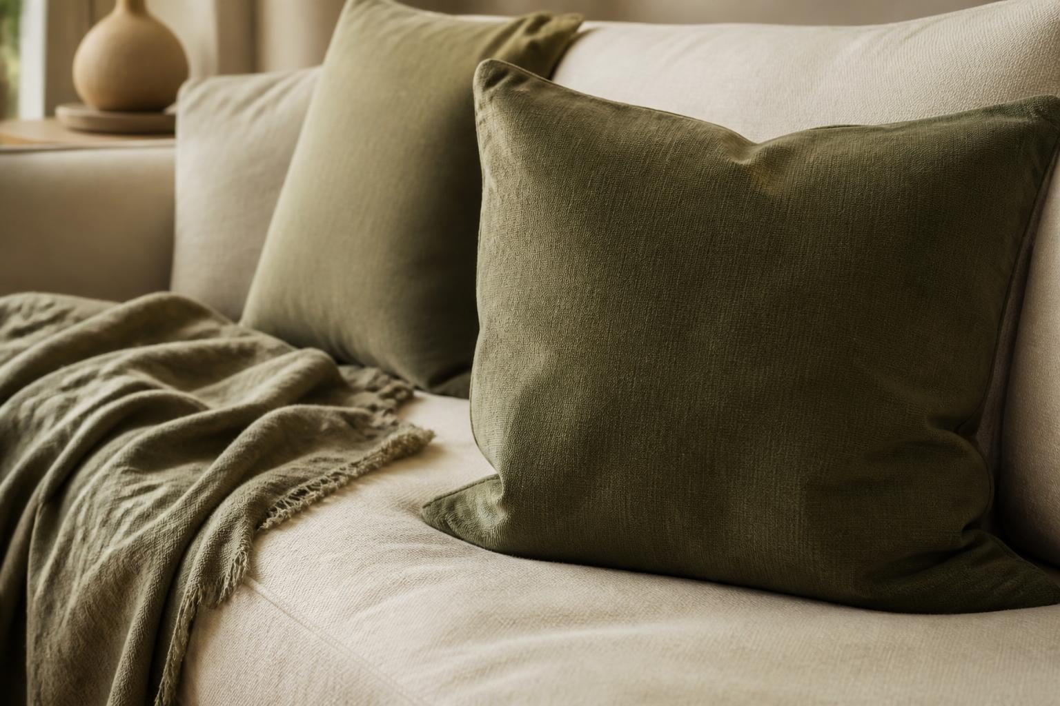Coin salon avec coussins vert olive et beige sur un canapé en tissu