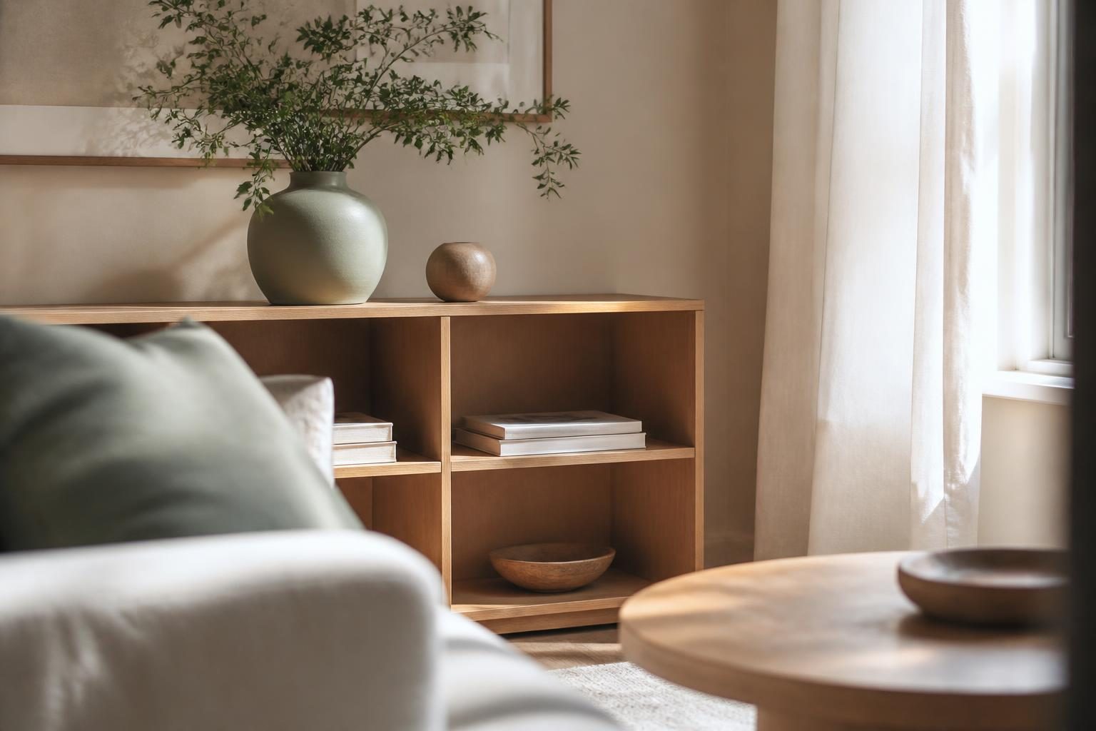 Décoration appartement moderne, salon dégagé avec rangements nets et lumière naturelle