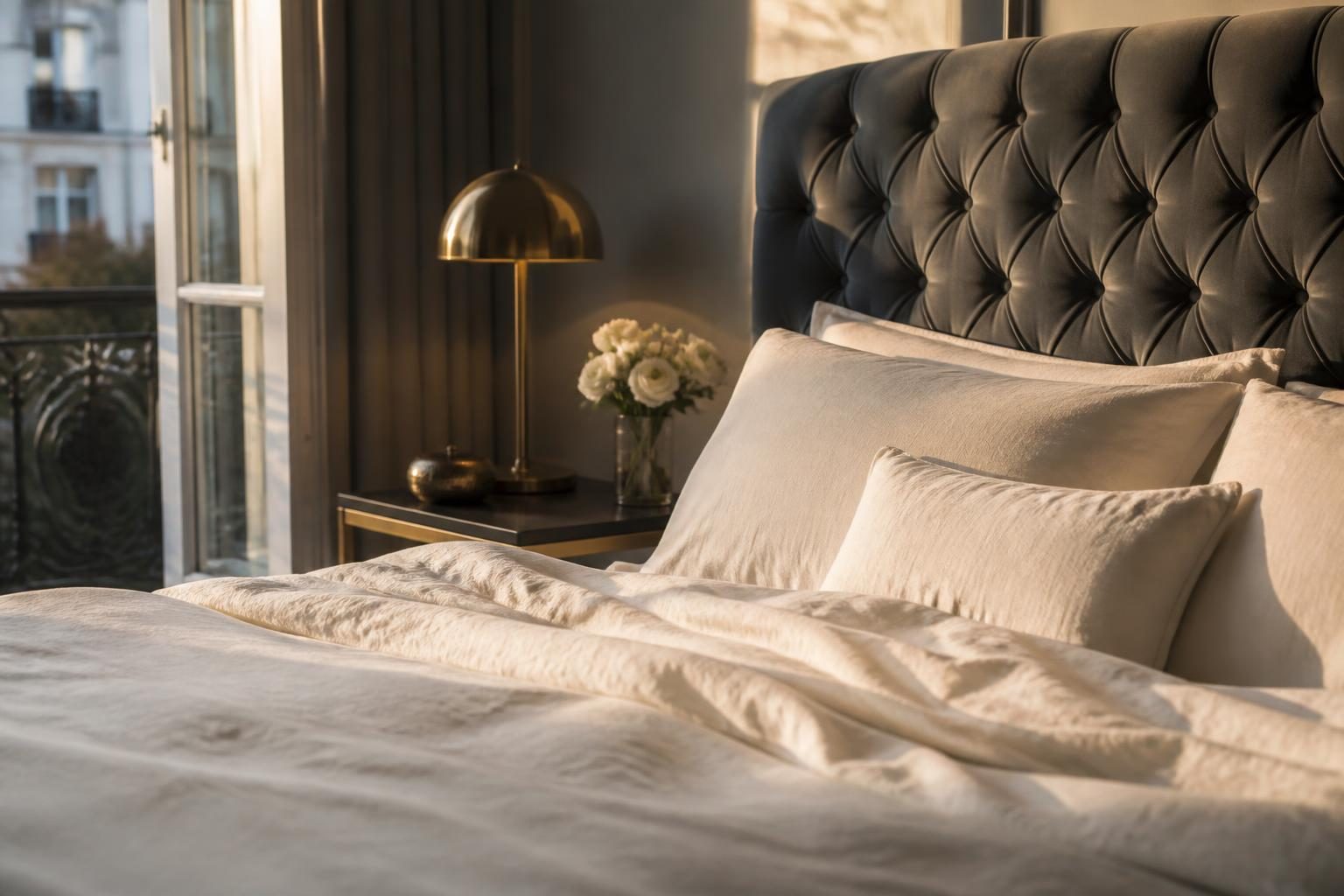 Lit king size près d'une fenêtre dans une chambre lumineuse