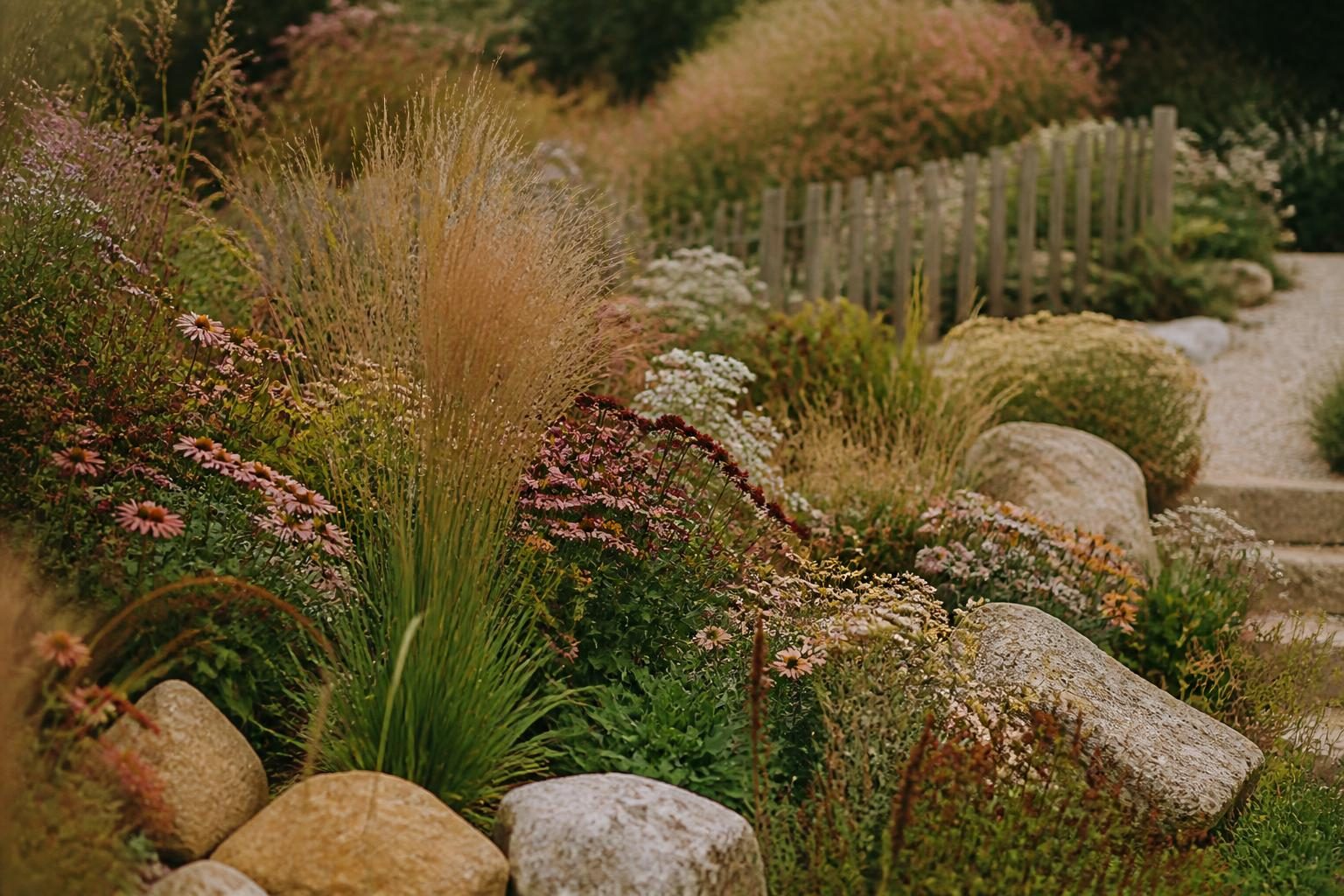 Détail d'un massif fleuri façon jardin anglais avec rocaille et graminées