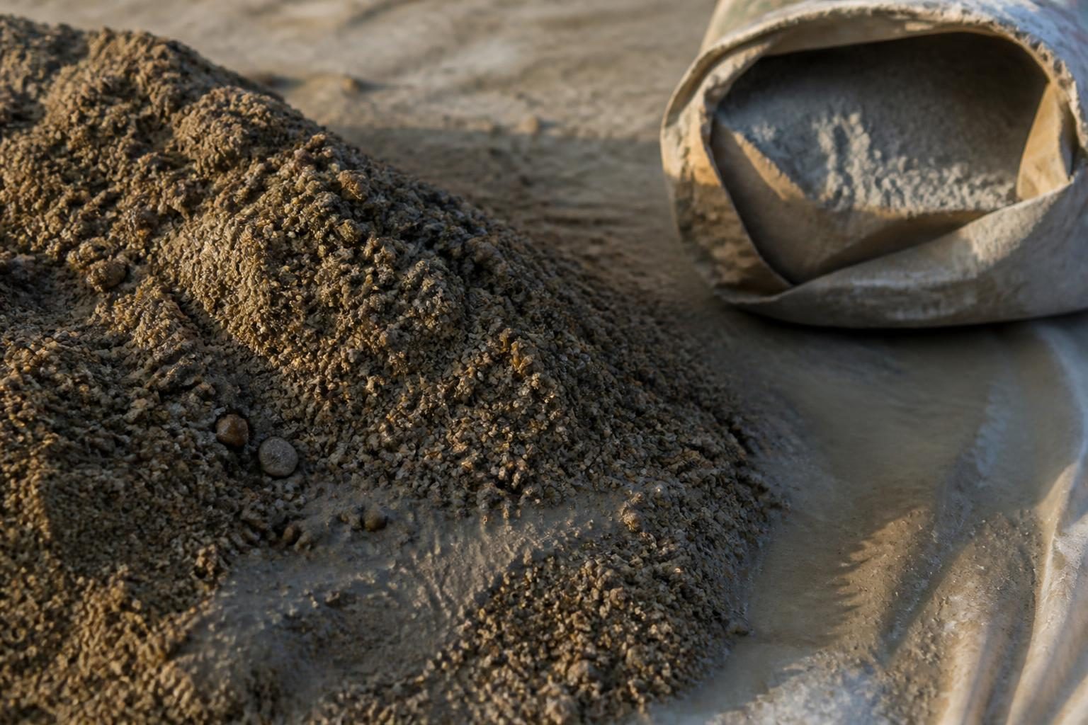 Mélange sable-gravier et sac de ciment prêts pour le gâchage d'une dalle