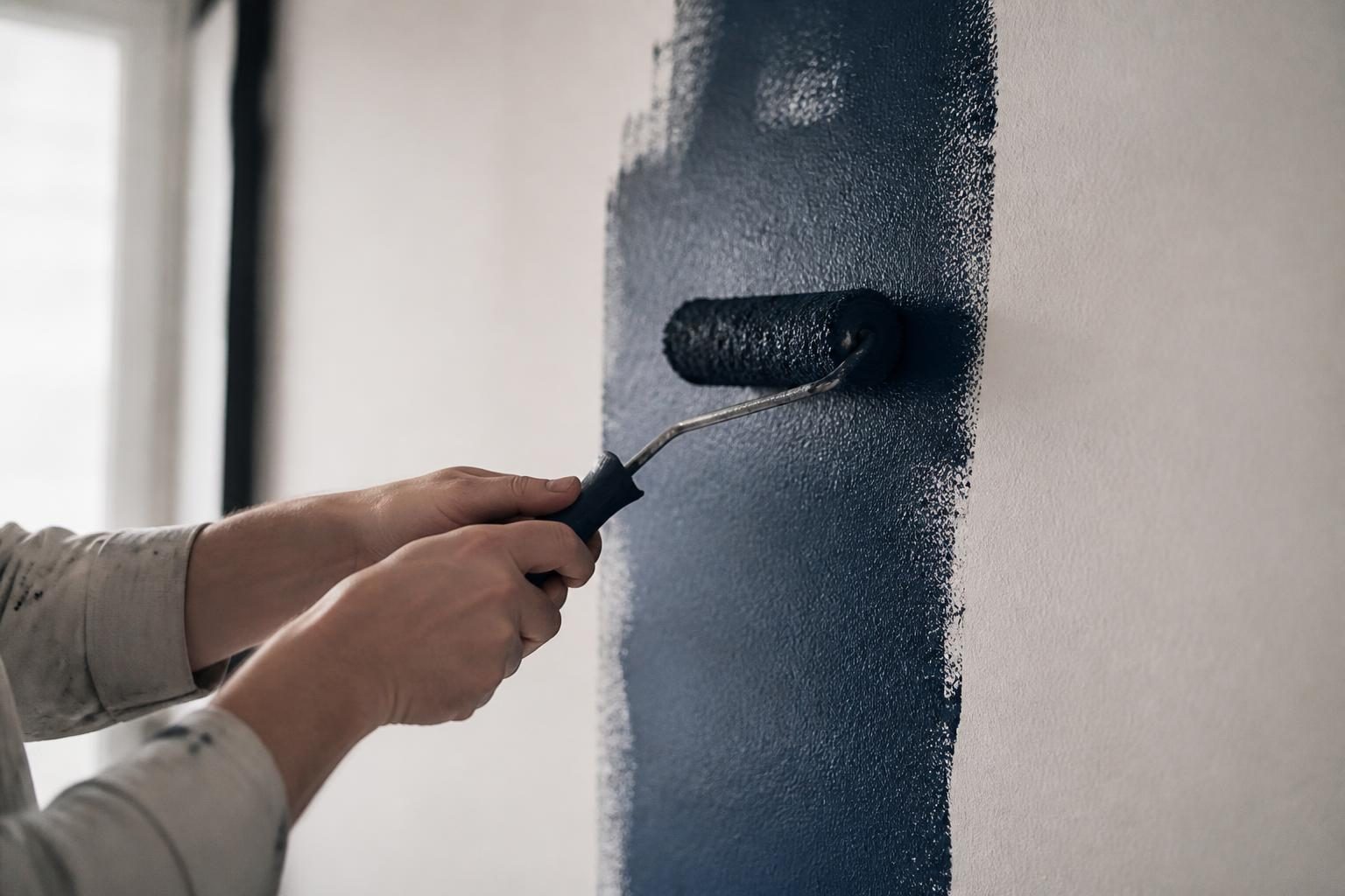 Mur de chambre adulte peint en deux couleurs, bleu nuit et blanc cassé, lumière du matin
